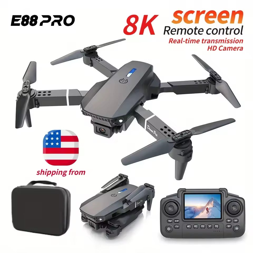 E88 Pro Mini Drone With Screen Control 4K Dual Camera Optical Flow Positioning LED Lighting Remote Control